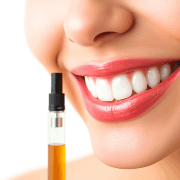 Close-up of a bright white smile beside a vaping device and e-liquid bottle on a neutral background, highlighting vaping and dental health.