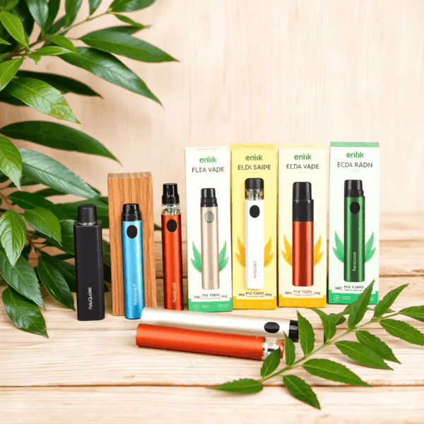 Reusable vape devices in eco-friendly packaging on a wooden surface with green leaves, bright background symbolizing sustainability and environmental awareness.