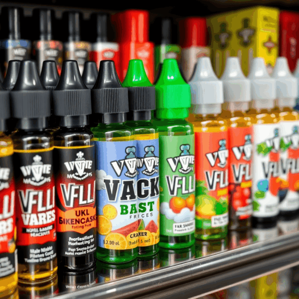Close-up of colourful vaping e-liquid bottles with vibrant labels arranged neatly on a store shelf, showcasing popular UK vape brands and various flavours.