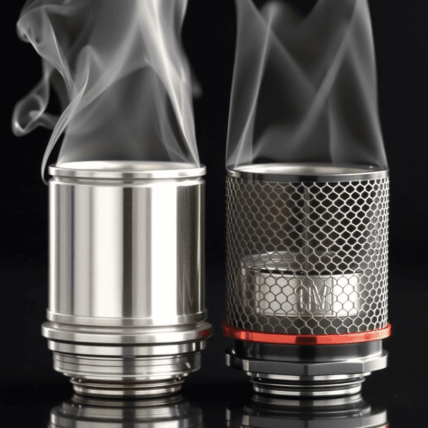 Close-up of two vape coils side by side, one wire coil and one mesh coil, with vapor clouds against a sleek dark background.