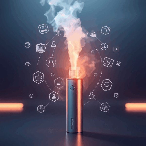 A sleek vape device emitting glowing vapor with digital icons and connectivity symbols on a clean, futuristic background with subtle light effects.