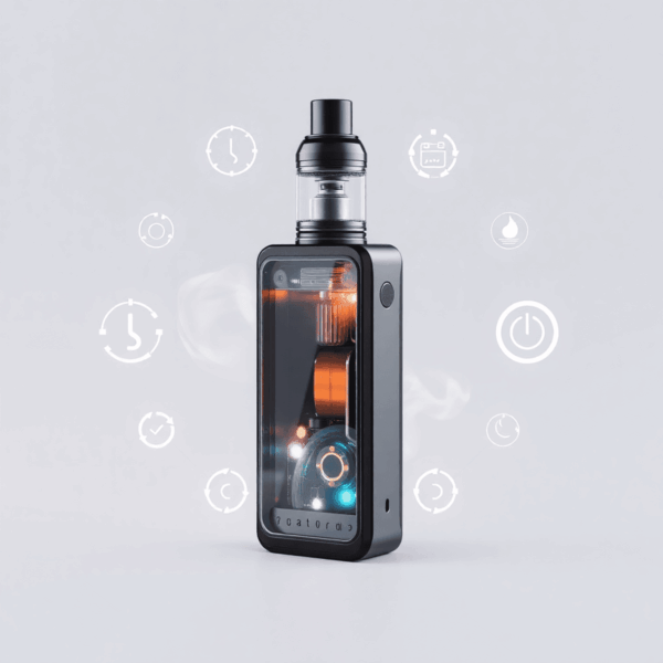 A sleek vape mod with glowing internal parts, surrounded by abstract power and vapor symbols, set against a minimal background with gentle smoke wisps.