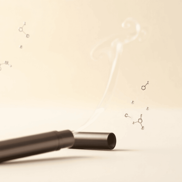 Close-up of a sleek vaping device releasing vapor with abstract chemical molecule shapes floating against a soft, neutral background.