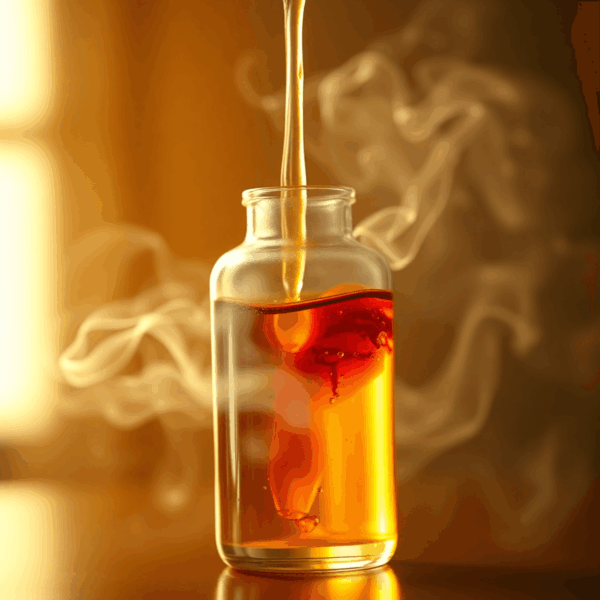 Close-up of a glass bottle with colorful vape liquid, soft natural light, and subtle swirling mist highlighting the aging and blending process.